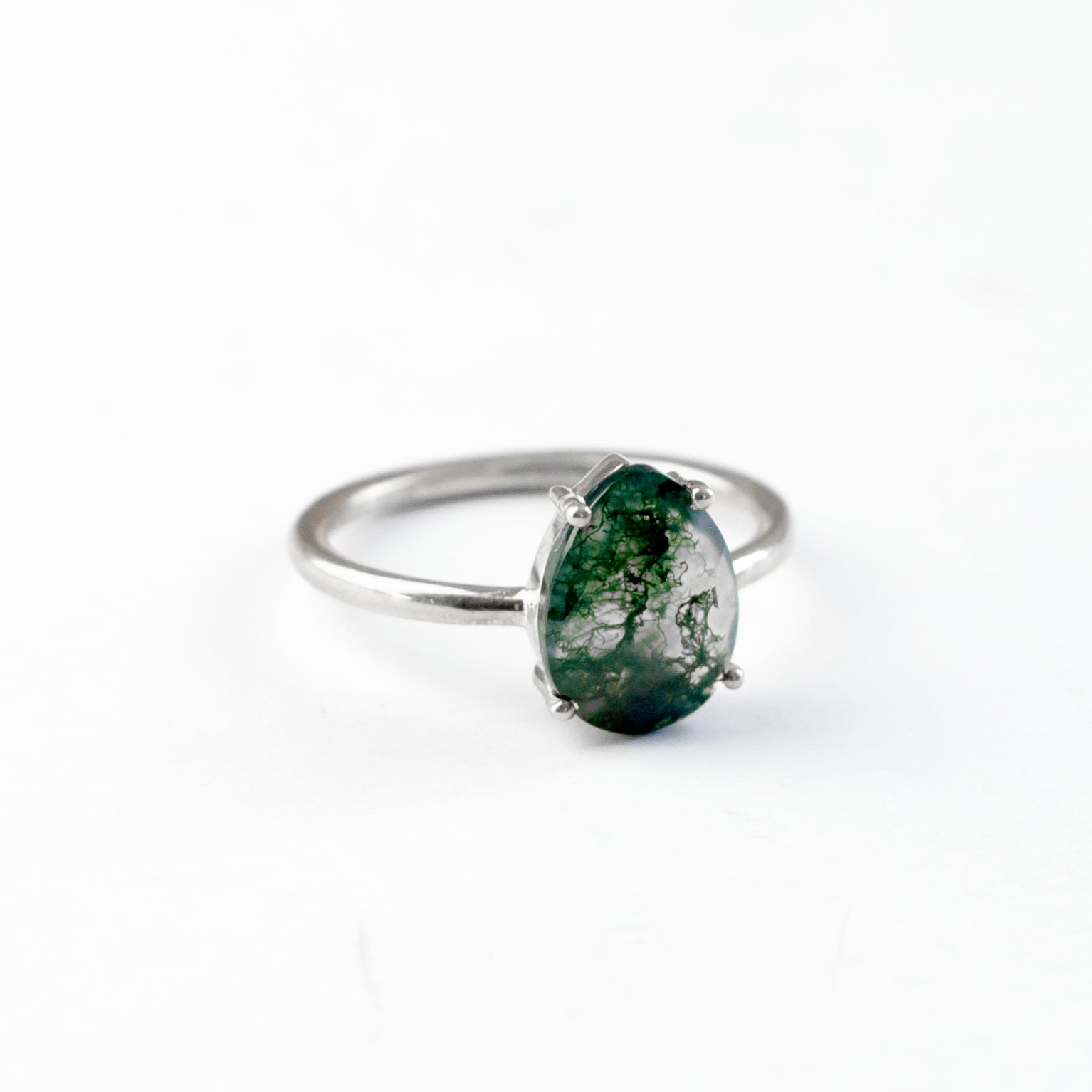 Moss Agate Teardrop Prong Set Ring • Virgo Birthstone