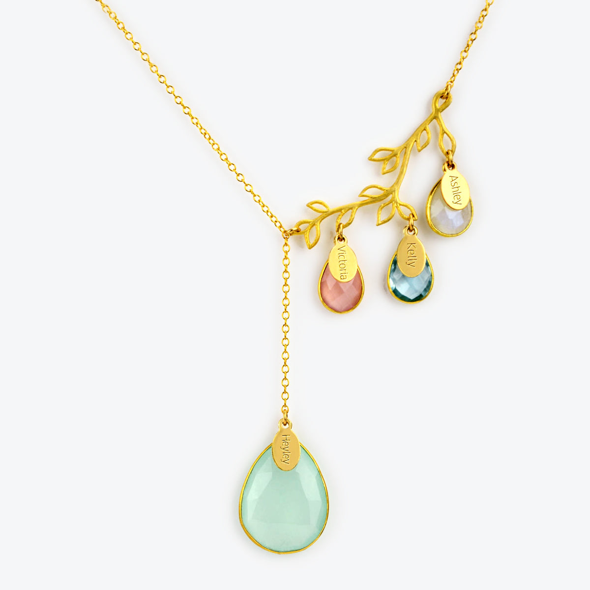 Gold filled family tree branch with 1 large aqua chalcedony stone and three children birthstones including pink chalcedony, kyanite and moonstone all with engraved oval name tags