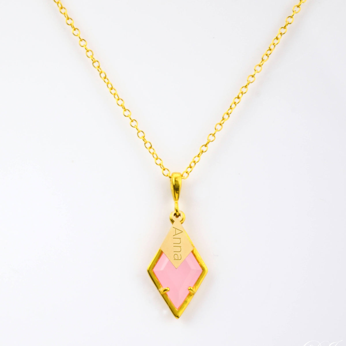 Diamond Shaped Birthstone and Name Necklace : October Pink Chalcedony
