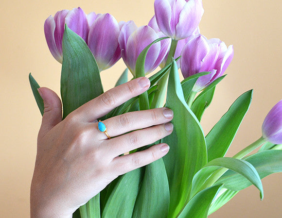 Turquoise teardrop cut bezel set ring - December Birthstone