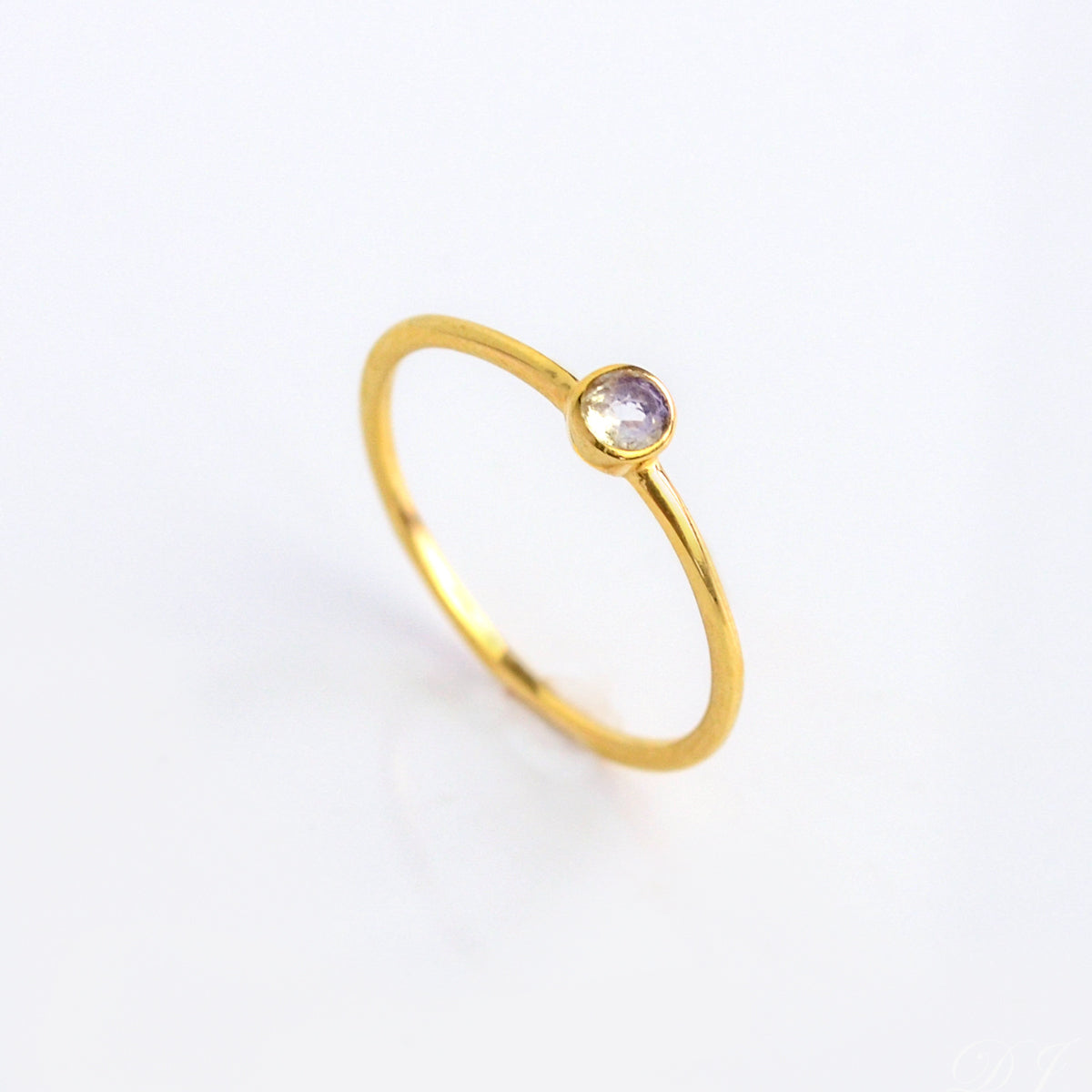 Single gold plated dainty 3mm Opalite gemstone ring. October  birthstone. On white background. 925 sterling silver, birthstone ring, stacking ring, stackable, birthstone jewelry, facet gemstone