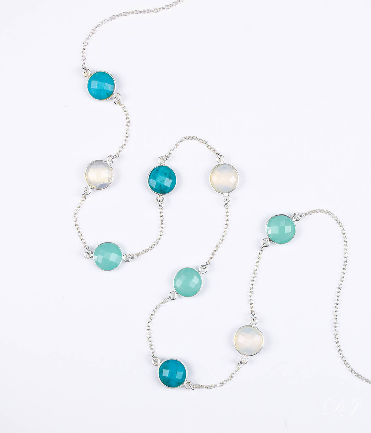 Long Opalite, Aqua Chalcedony, Turquoise bezel station necklace