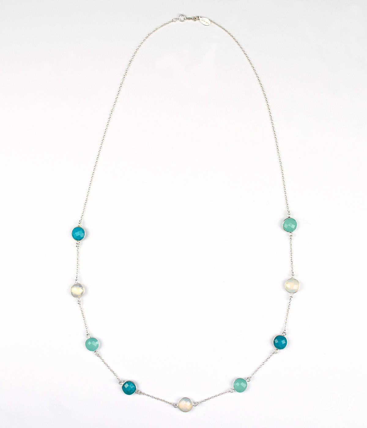 Long Opalite, Aqua Chalcedony, Turquoise bezel station necklace