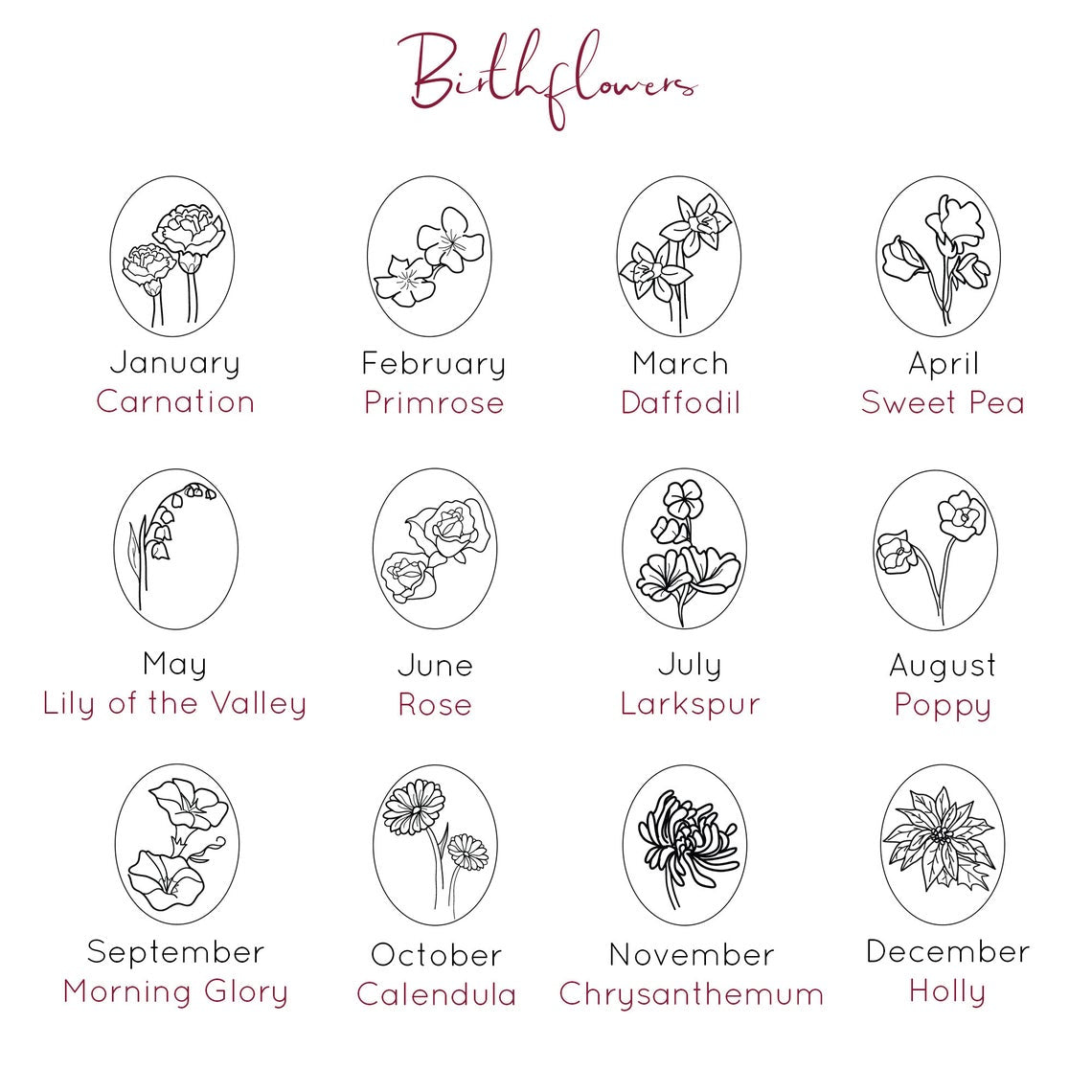 Choose from the set month birth flowers for your ring engraving. Options include carnation, primrose, daffodil, sweet pea, lily of the valley, rose, larkspur, poppy, morning glory, calendula, chrysanthemum, and holly