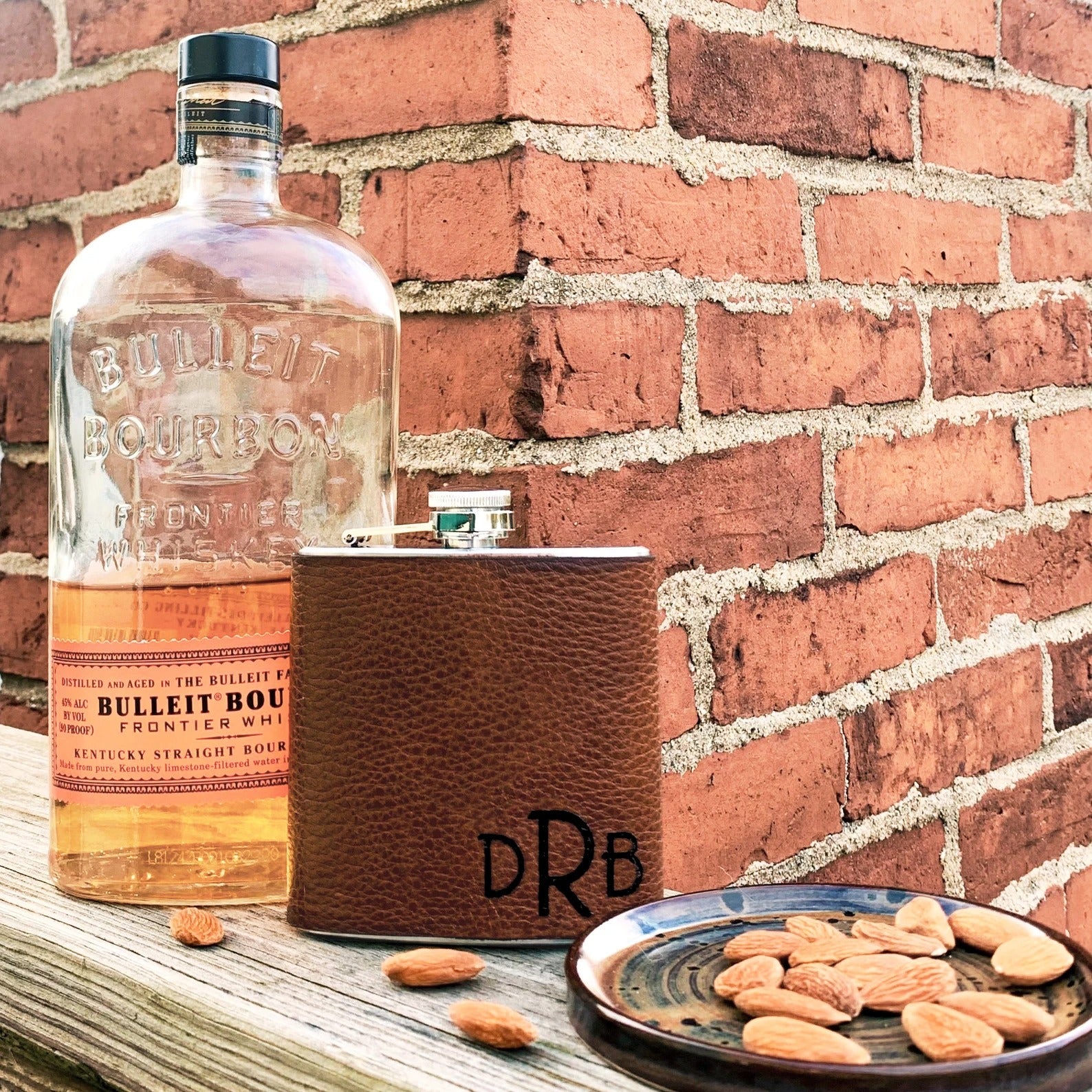Espresso color engraved leather flask with monogram DRB. Perfect for father's day, wedding parties, holidays or anniversaries.