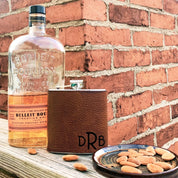 Espresso color engraved leather flask with monogram DRB. Perfect for father's day, wedding parties, holidays or anniversaries.