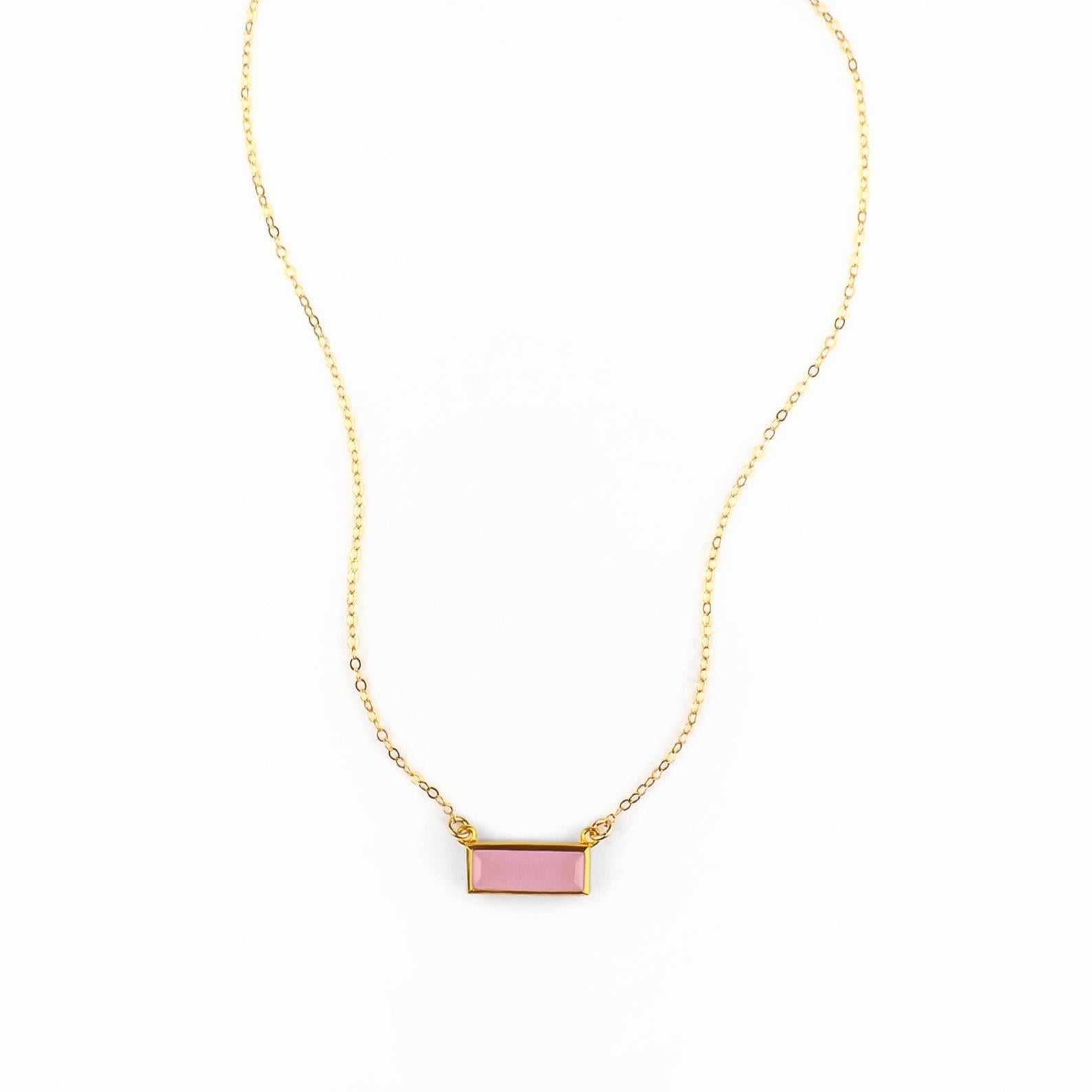 Single gold filled cable chain with october birthstone pink chalcedony horizontal bar adira necklace 
