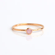 Single rose gold plated dainty 3mm pink chalcedony gemstone ring. October  birthstone. On white background. 925 sterling silver, birthstone ring, stacking ring, stackable, birthstone jewelry, facet gemstone