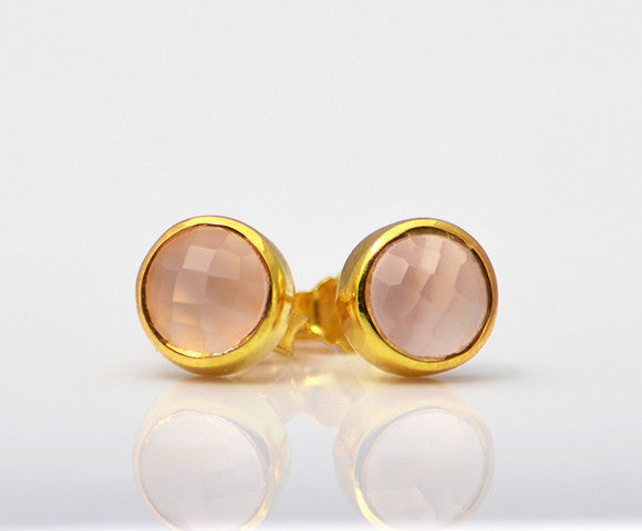 Pink Chalcedony Small Round Bezel Set Stud Earrings - October Birthstone Earrings