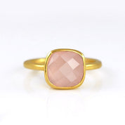 Gold plated pink chalcedony ring, october birthstone jewelry, pink gemstone ring, square cushion faceted pink chalcedony, Bezel set ring, Sterling silver ring, pink chalcedony gift, october birthday gift, pink ring for her, birthstone ring, october birthstone 