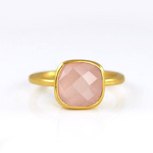 Gold plated pink chalcedony ring, october birthstone jewelry, pink gemstone ring, square cushion faceted pink chalcedony, Bezel set ring, Sterling silver ring, pink chalcedony gift, october birthday gift, pink ring for her, birthstone ring, october birthstone 