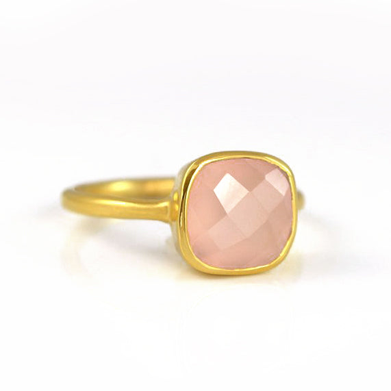 Gold plated pink chalcedony ring, october birthstone jewelry, pink gemstone ring, square cushion faceted pink chalcedony, Bezel set ring, Sterling silver ring, pink chalcedony gift, october birthday gift, pink ring for her, birthstone ring, october birthstone 
