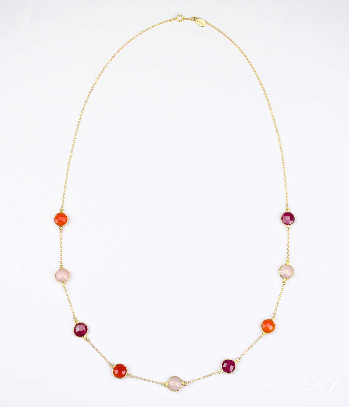 Long Ruby, Carnelian, Pink Quartz bezel station necklace