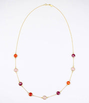 Long Ruby, Carnelian, Pink Quartz bezel station necklace