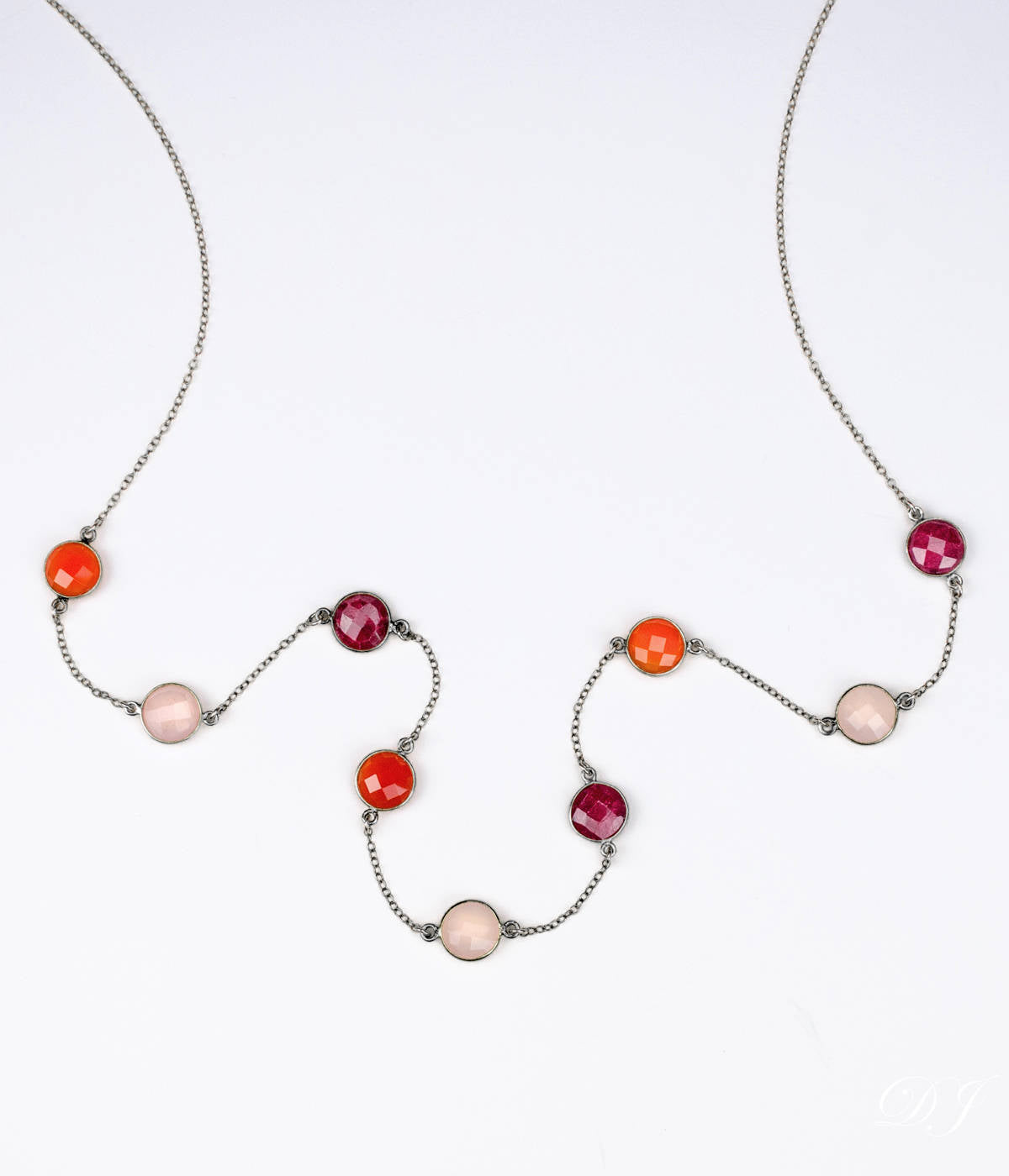Long Ruby, Carnelian, Pink Quartz bezel station necklace