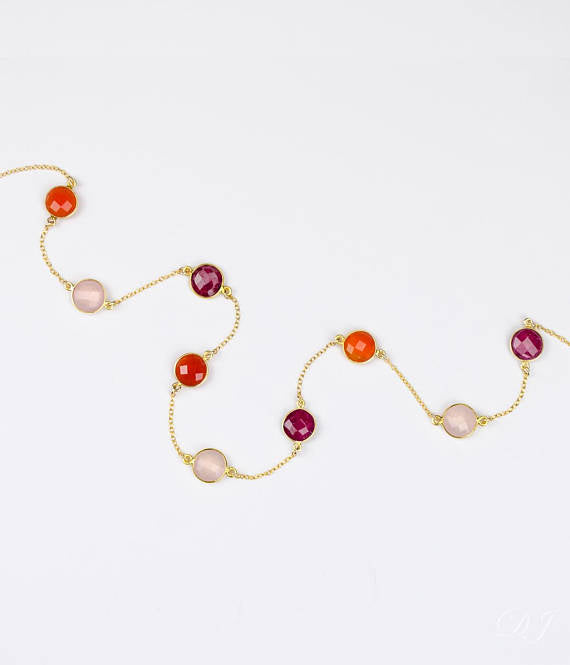 Long Ruby, Carnelian, Pink Quartz bezel station necklace