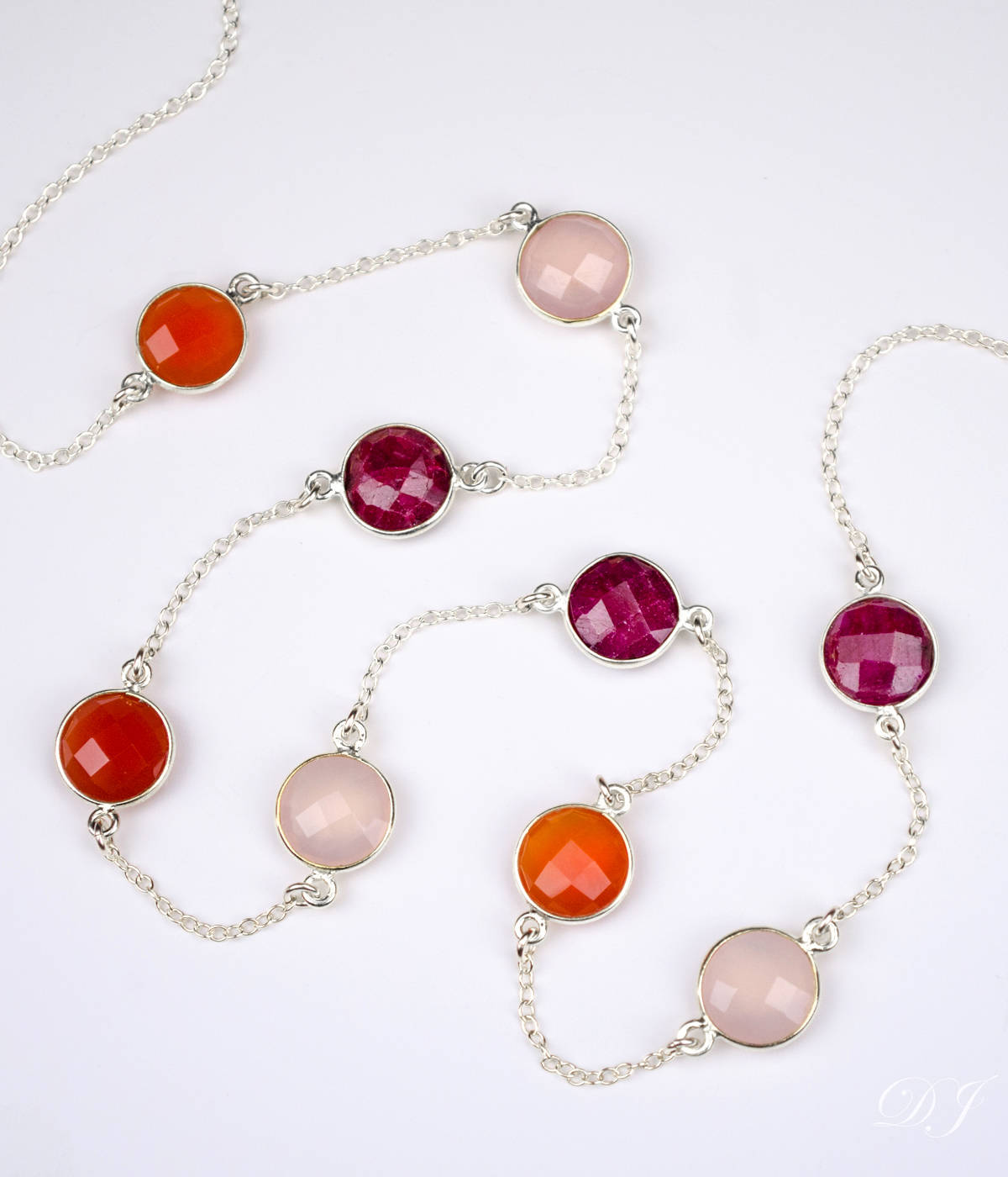 Long Ruby, Carnelian, Pink Quartz bezel station necklace