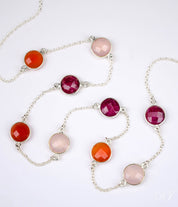 Long Ruby, Carnelian, Pink Quartz bezel station necklace