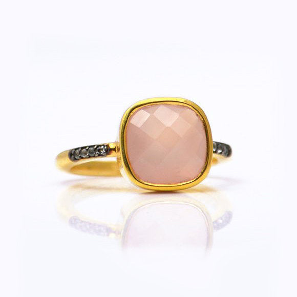 Pink Chalcedony gold plated cushion bezel square White topaz pave stacking ring on white background. October birthday, October gemstone, square gemstone, sterling silver, pink birthstone, pink ring