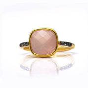 Pink Chalcedony gold plated cushion bezel square White topaz pave stacking ring on white background. October birthday, October gemstone, square gemstone, sterling silver, pink birthstone, pink ring