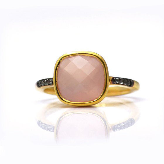 Pink Chalcedony gold plated cushion bezel square White topaz pave stacking ring on white background. October birthday, October gemstone, square gemstone, sterling silver, pink birthstone, pink ring