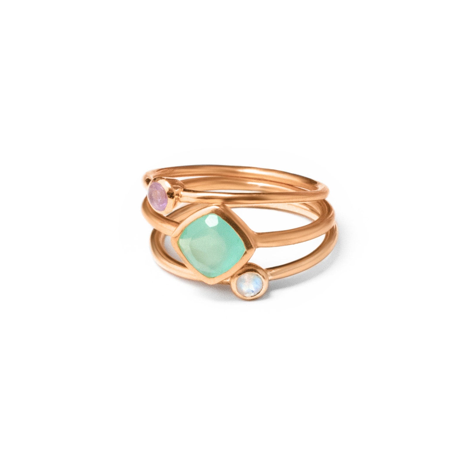 Mixed Shapes Diamond & Tiny Round Stacking Ring Set, Sterling Silver, 18k Vermeil Gold, Birthstone Rings for Mom, Mother's Stackable Rings for Women