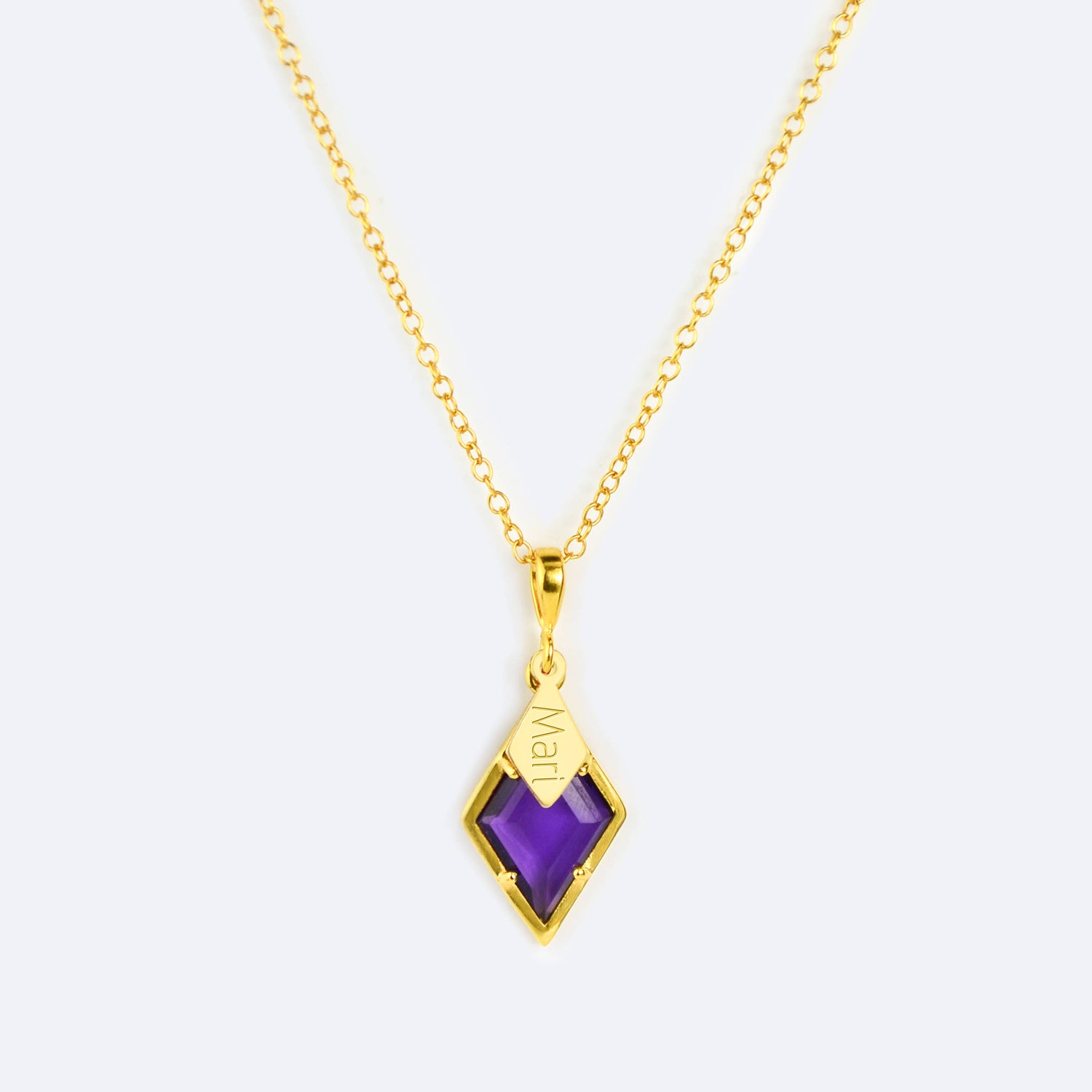 Diamond Shaped Birthstone and Name Necklace : February Purple Amethyst