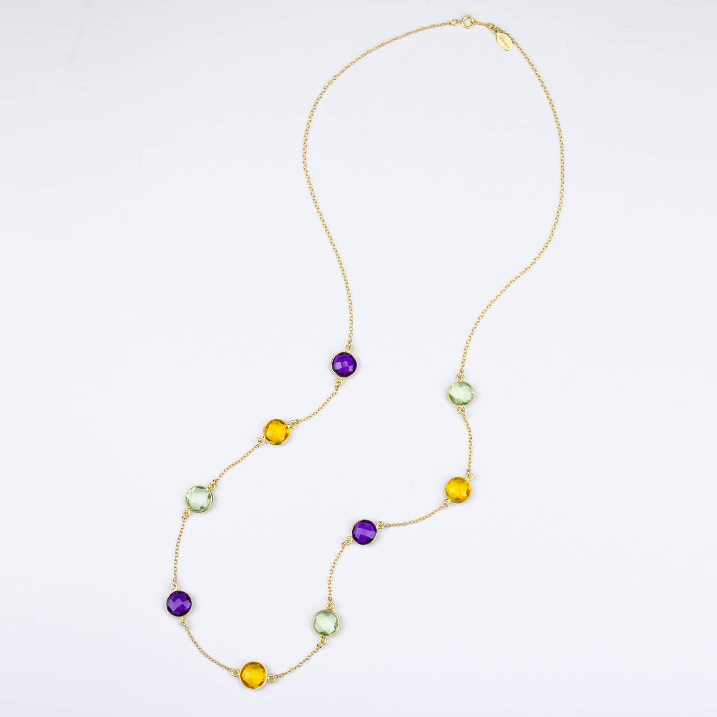 Long Purple Amethyst, Citrine, Green Amethyst bezel station necklace