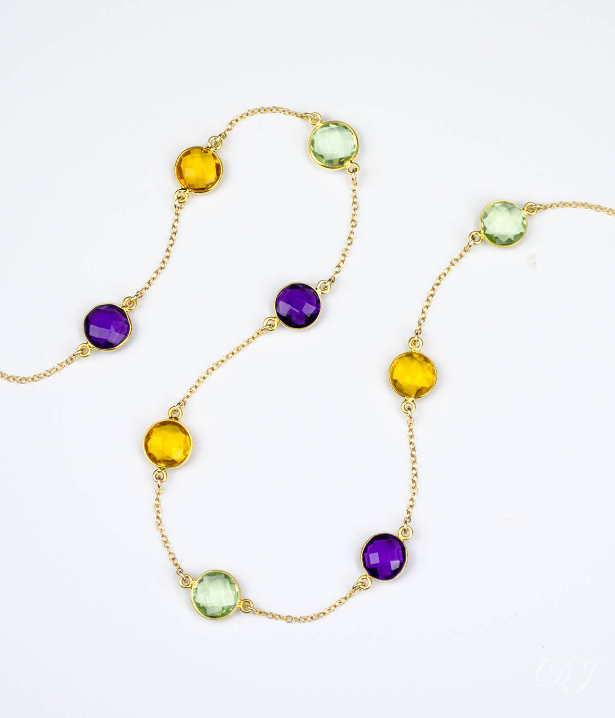 Long Purple Amethyst, Citrine, Green Amethyst bezel station necklace