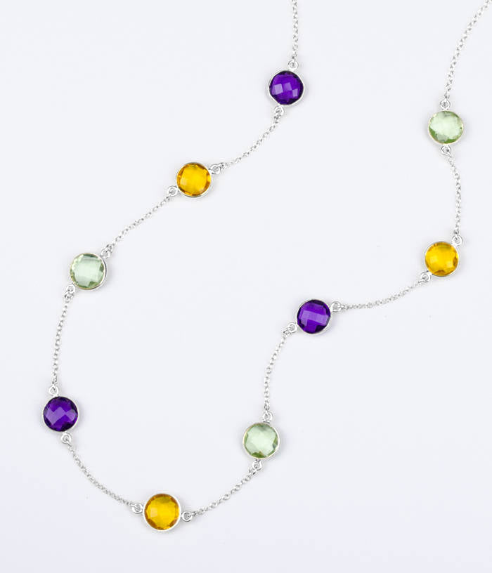 Long Purple Amethyst, Citrine, Green Amethyst bezel station necklace