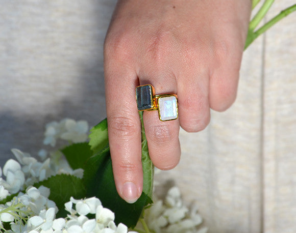 Green Chalcedony rectangle bezel set ring:August Birthstone