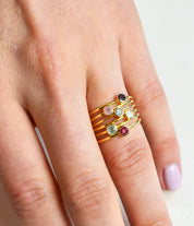 ring combo with six rings stacking ring set tiny round birthstones black onyx pink chalcedony blue topaz rainbow moonstoen aqua chalcedony ruby quartz