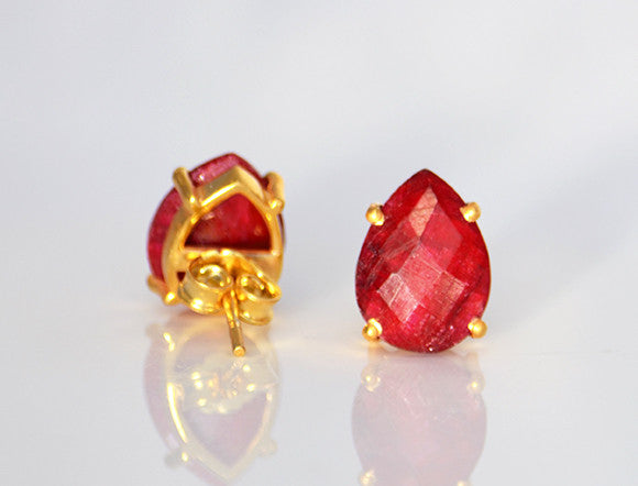 Ruby Teardrop Prong Set Stud Earrings : July Birthstone