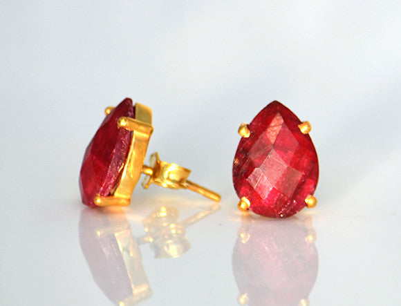 Ruby Teardrop Prong Set Stud Earrings : July Birthstone