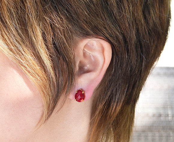 Ruby Teardrop Prong Set Stud Earrings : July Birthstone