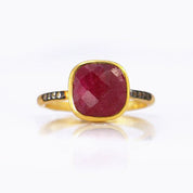 Ruby gold plated cushion bezel square White topaz pave stacking ring on white background. July birthday, July gemstone, square gemstone, sterling silver, red birthstone, red ring
