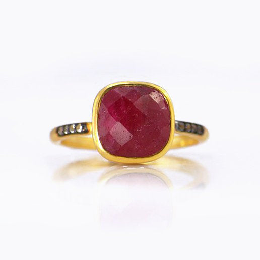 Ruby gold plated cushion bezel square White topaz pave stacking ring on white background. July birthday, July gemstone, square gemstone, sterling silver, red birthstone, red ring