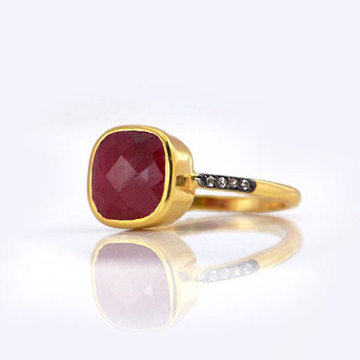 Ruby gold plated cushion bezel square White topaz pave stacking ring on white background. July birthday, July gemstone, square gemstone, sterling silver, red birthstone, red ring