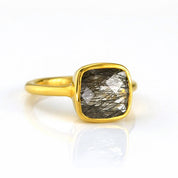 Black Rutilated Quartz gold plated cushion bezel square stacking ring on white background. black gemstone, square gemstone, rutile stone, sterling silver ring