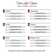 Font Options for Personalized Text Skinny Bar Dainty Gold, Silver or Rose Gold Necklace. Classic Serif Font, Typewriter Serif font, Script Handwriting Font, Causal Sans Serif Font, Block Sans Serif Font, Modern Thin Sans Serif Font