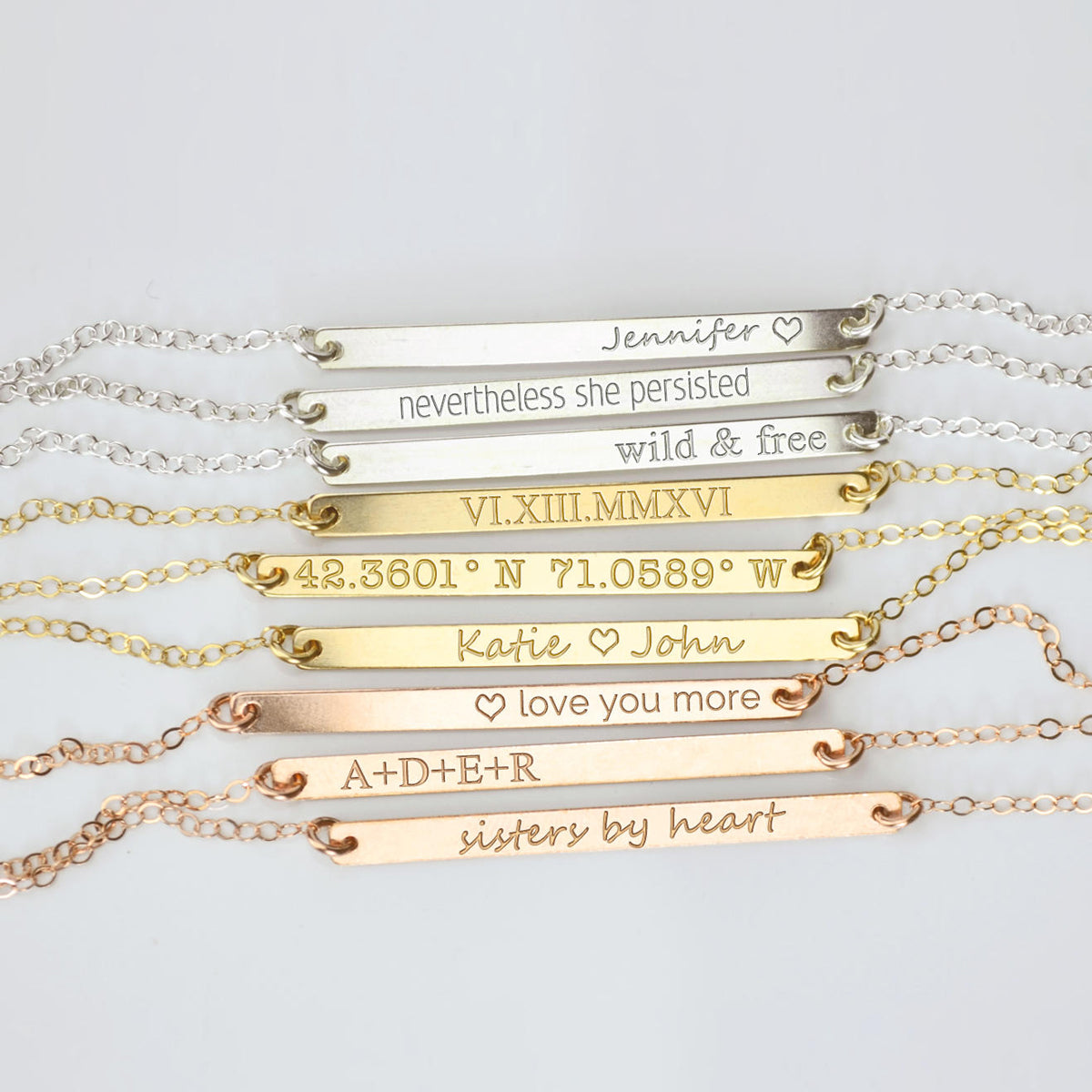 Custom Engraved Dainty Skinny Bar Necklaces in 925 Sterling Silver, 14K Gold Filled, Rose Gold Filled. Custom Name Skinny Bar Necklace, Personalized Quote Bar Necklace, Roman Numeral Date Necklace, Custom Coordinate Bar Necklace, Personalized Couples Names Necklace, Custom Kids Initials Skinny Bar Necklace 