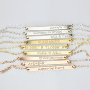 Custom Engraved Dainty Skinny Bar Necklaces in 925 Sterling Silver, 14K Gold Filled, Rose Gold Filled. Custom Name Skinny Bar Necklace, Personalized Quote Bar Necklace, Roman Numeral Date Necklace, Custom Coordinate Bar Necklace, Personalized Couples Names Necklace, Custom Kids Initials Skinny Bar Necklace 