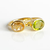 gold plated Sterling silver stacking ring set in citrine and peridot birthstones. Citrine ring, November birthstone jewelry, Light yellow gemstone ring, Oval faceted, Bezel set ring, 18k vermeil gold, Sterling silver ring, Citrine gift, November birthday gift, ring for her, august birthstone, august gemstone, green gem, green birthstone