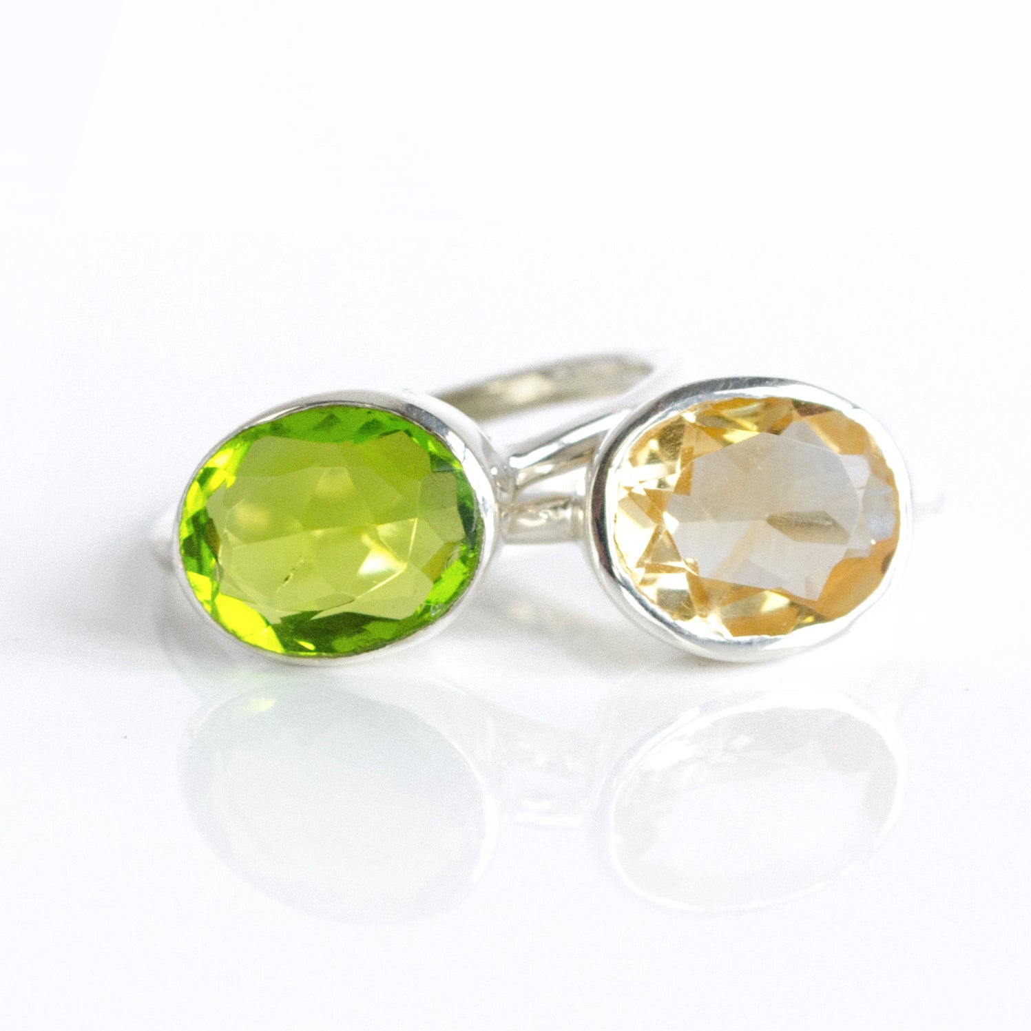 Sterling silver stacking ring set in citrine and peridot birthstones. Citrine ring, November birthstone jewelry, Light yellow gemstone ring, Oval faceted, Bezel set ring, 18k vermeil gold, Sterling silver ring, Citrine gift, November birthday gift, ring for her, august birthstone, august gemstone, green gem, green birthstone