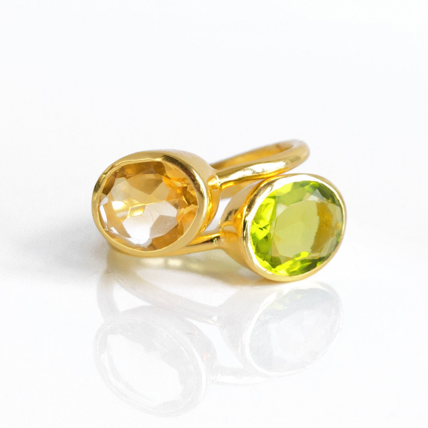 gold plated over Sterling silver stacking ring set in citrine and peridot birthstones. Citrine ring, November birthstone jewelry, Light yellow gemstone ring, Oval faceted, Bezel set ring, 18k vermeil gold, Sterling silver ring, Citrine gift, November birthday gift, ring for her, august birthstone, august gemstone, green gem, green birthstone