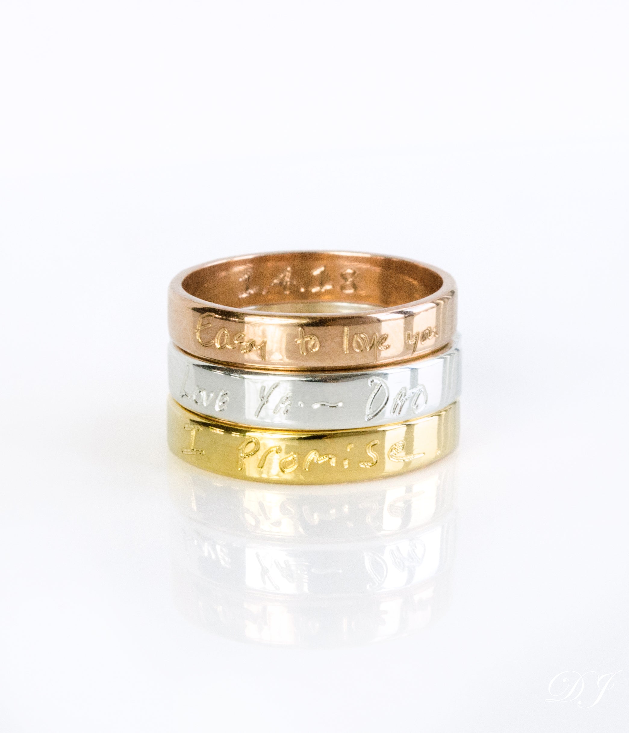 Three Ring Bands in Vermeil Rose Gold, Sterling Silver, and Vermeil Gold each personalized with engravings of actual handwriting text. Ring Bands can be engraved on both the outside and inside. Love Note Actual Handwriting Engraved Ring, Anniversary Gift for Him, Personalized Rings for Couples, Gift for her, gift for him, memorial gift, commemorative gift, gift for fiance, gift for husband, gift for wife, gift for girlfriend, gift for boyfriend, silver anniversary gift, wedding gift, graduation gift