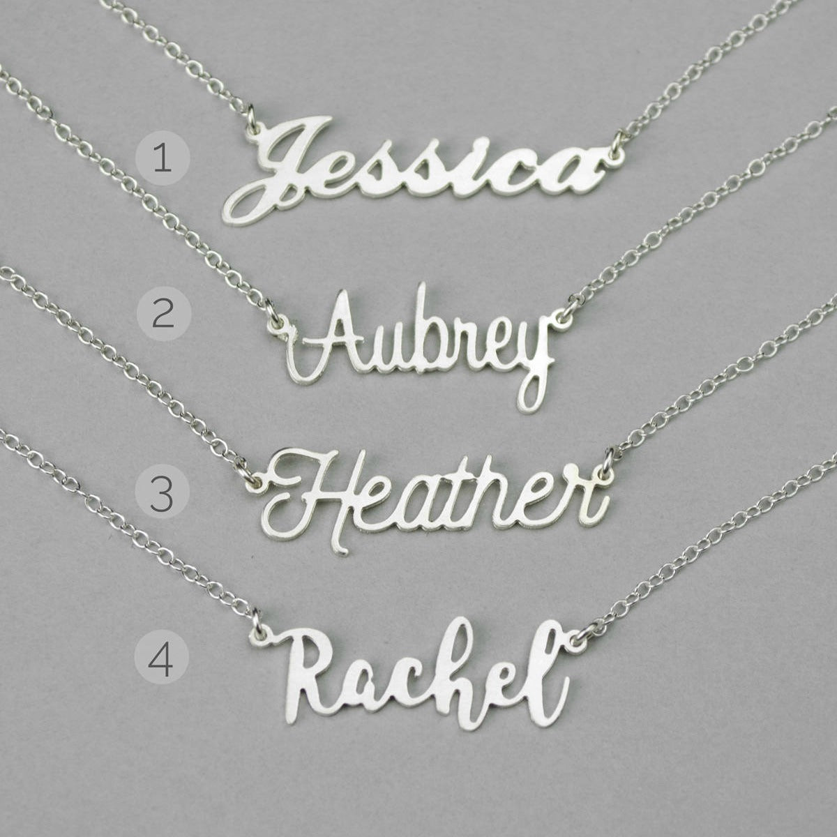 custom name necklace silver script name necklace examples jessica aubrey heather rachel personalized jewelry
