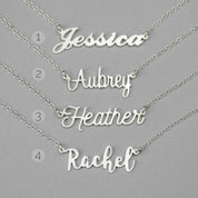 custom name necklace silver script name necklace examples jessica aubrey heather rachel personalized jewelry
