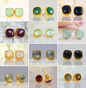 Green Chalcedony Cushion Bezel Set Stud Earrings - August Birthstone