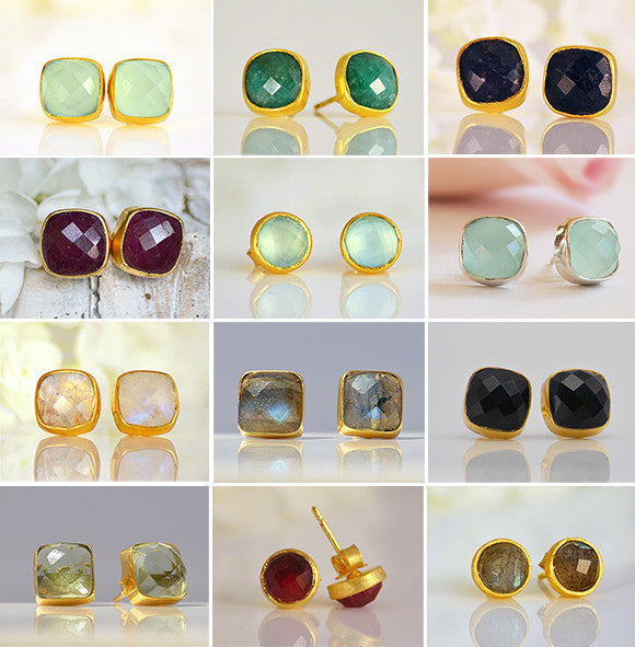 Green Chalcedony Cushion Bezel Set Stud Earrings - August Birthstone